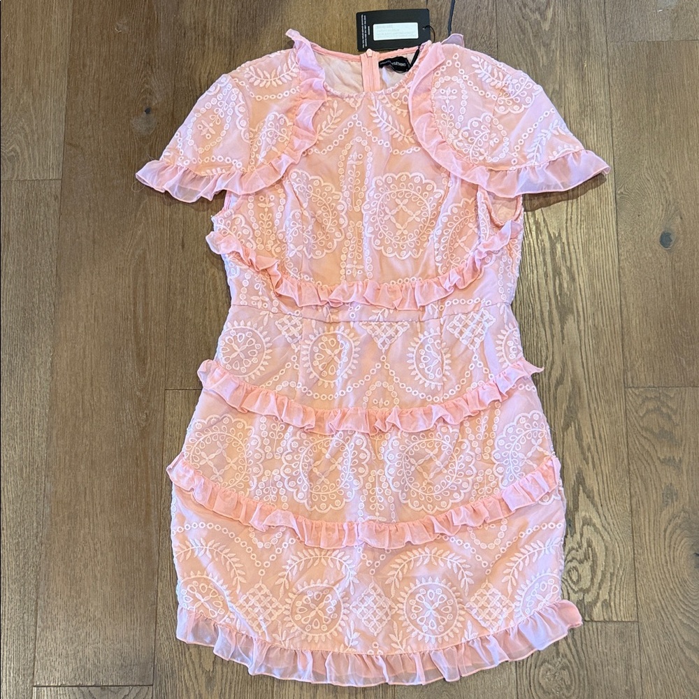 PrettyLittleThing Dusty Pinj Broderie Anglaise Frill Bodycon Dress - 10